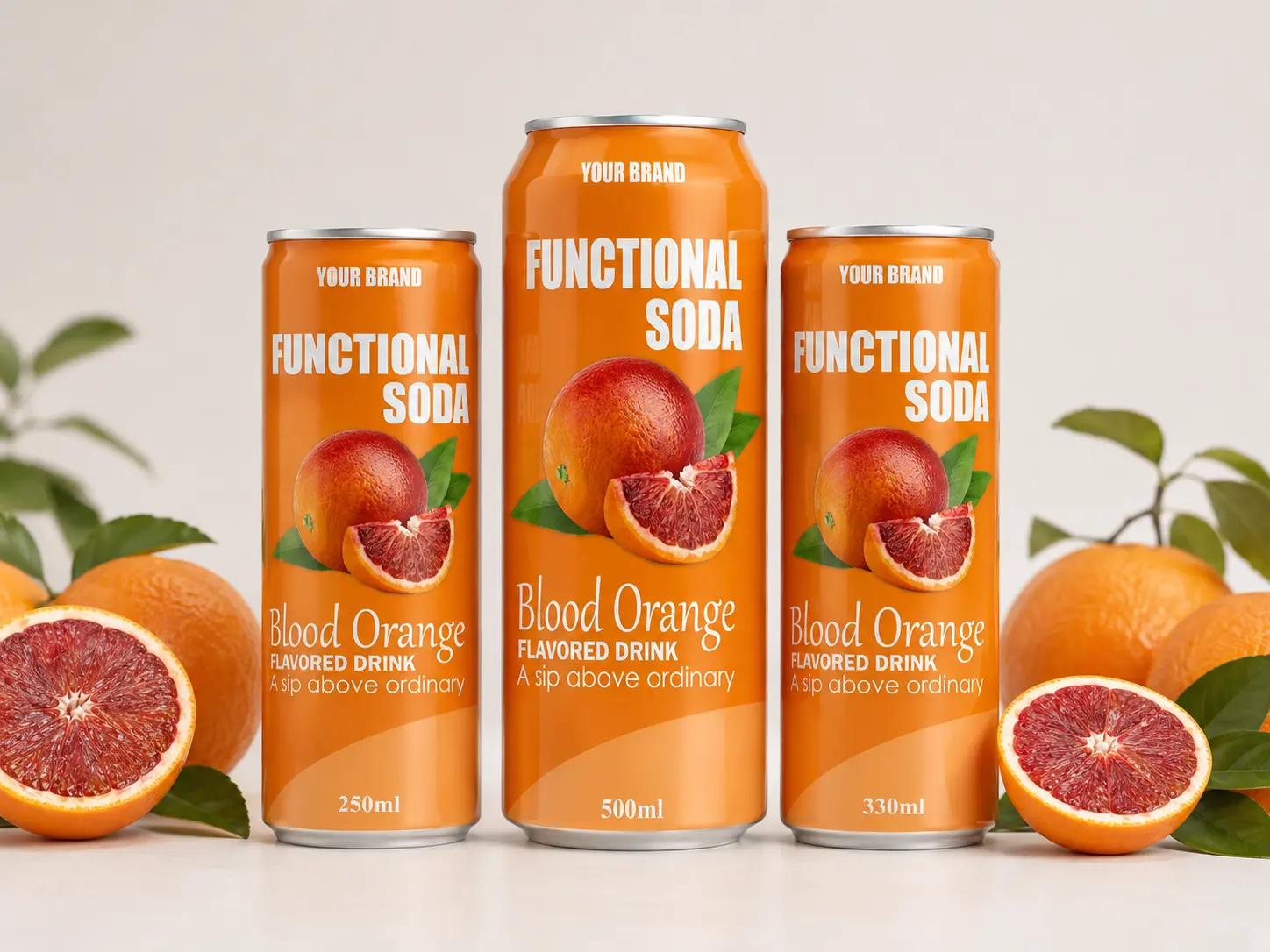 FUNCTIONAL SODA Blood Orange Flavored Drink in 250ml, 330ml, and 500ml cans with sliced blood oranges around the display.